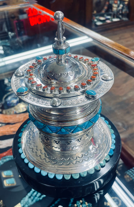 Silver Coral and Turquoise Sacred Ceremonial Tobacco Holder