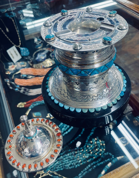 Silver Coral and Turquoise Sacred Ceremonial Tobacco Holder