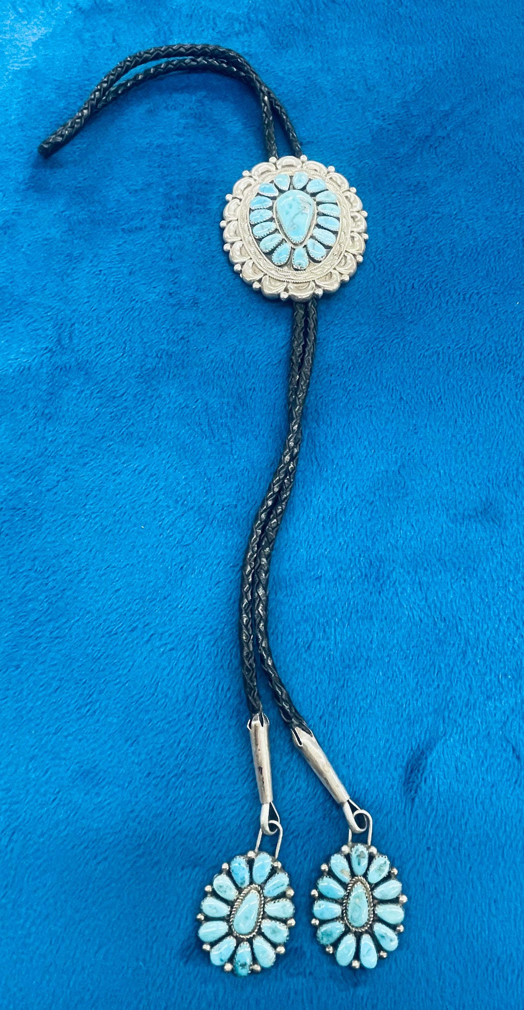 Turquoise and Silver Bolo With Turquoise Cluster Tips