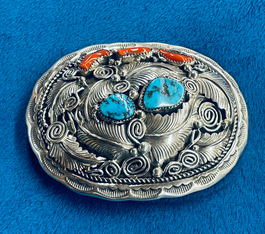 Silver Buckle with Coral and Turquoise Stones