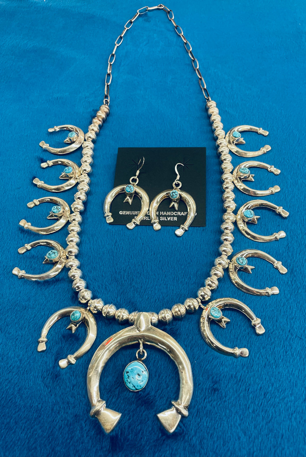 Sterling Silver and Turquoise Squash Blossom Necklace with Matching Earrings