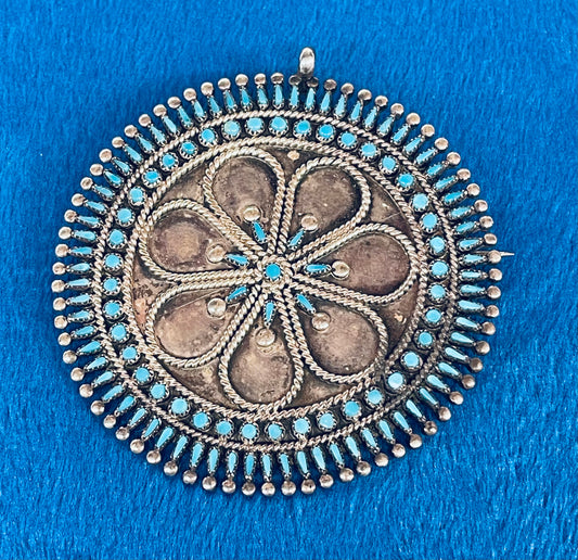 Vintage Zuni Needlepoint Silver and Turquoise Pin/Pendant