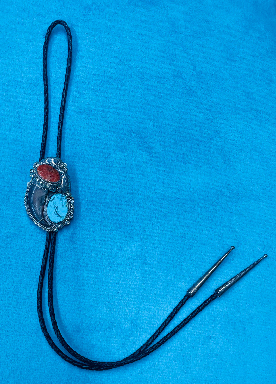 Bear Claw with Coral and Turquoise Stones Bolo Tie