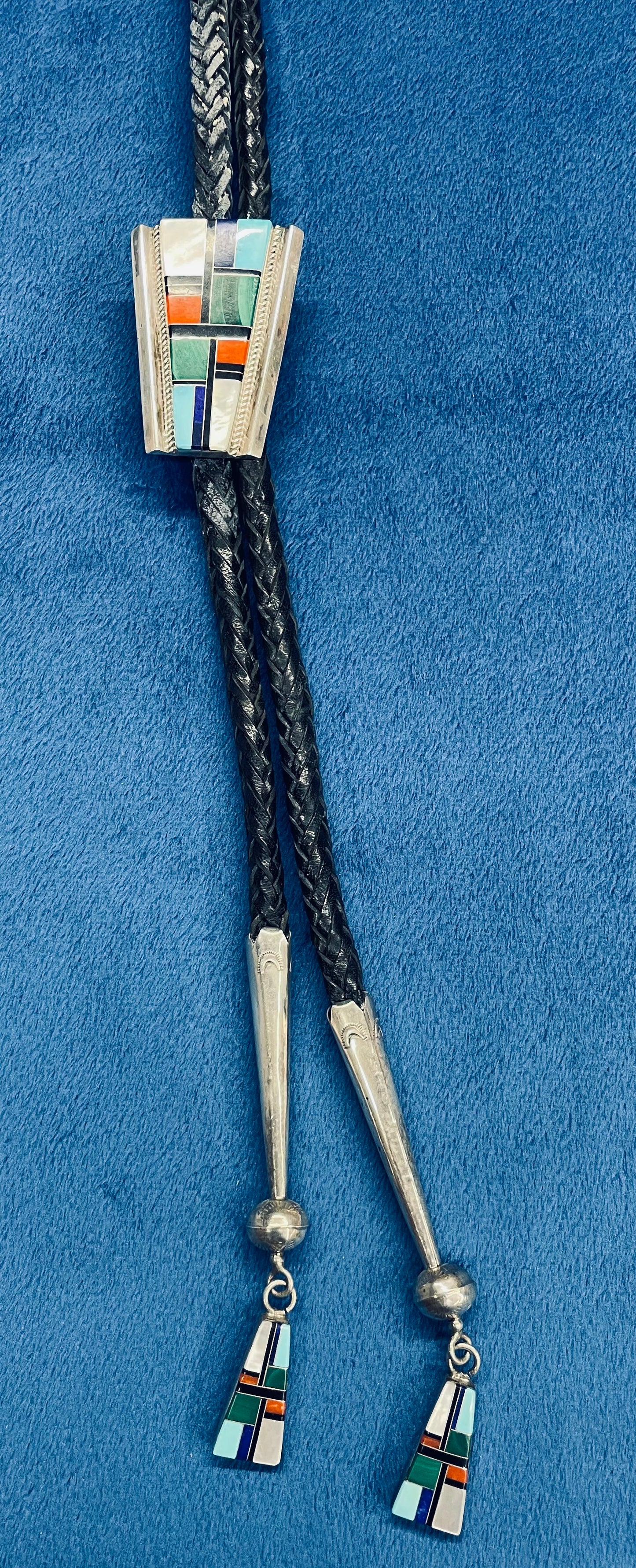 Inlay Stones and Silver Bolo Tie with Inlay Tips