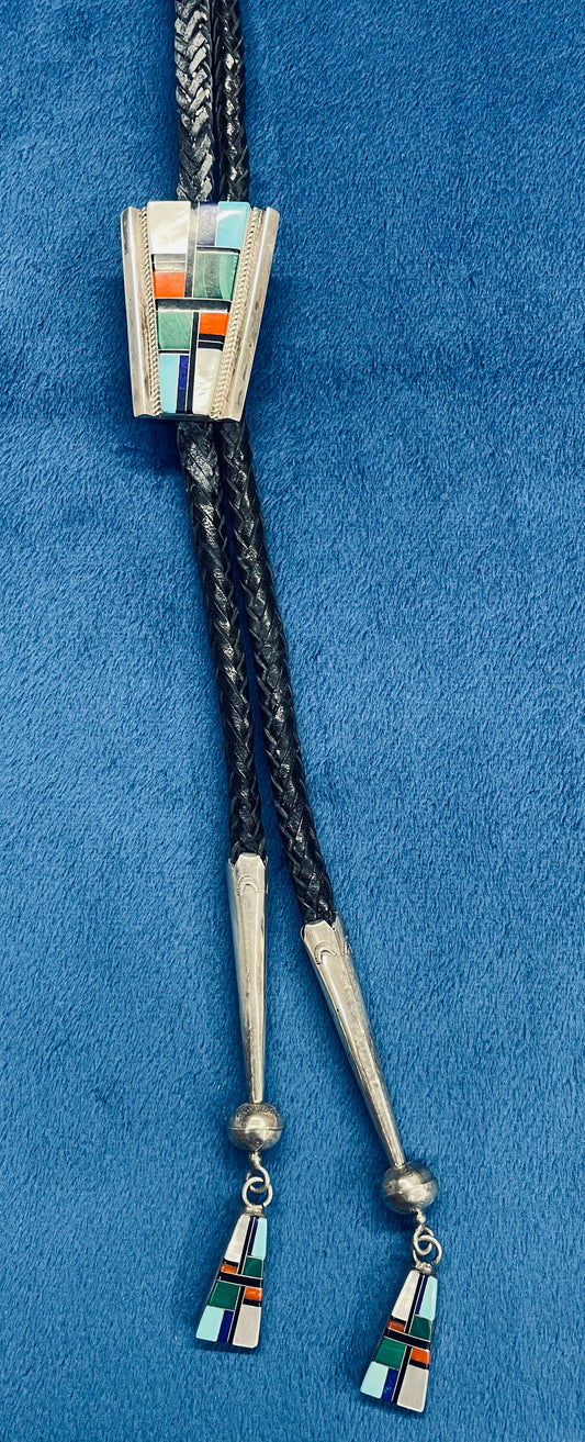 Inlay Stones and Silver Bolo Tie with Inlay Tips