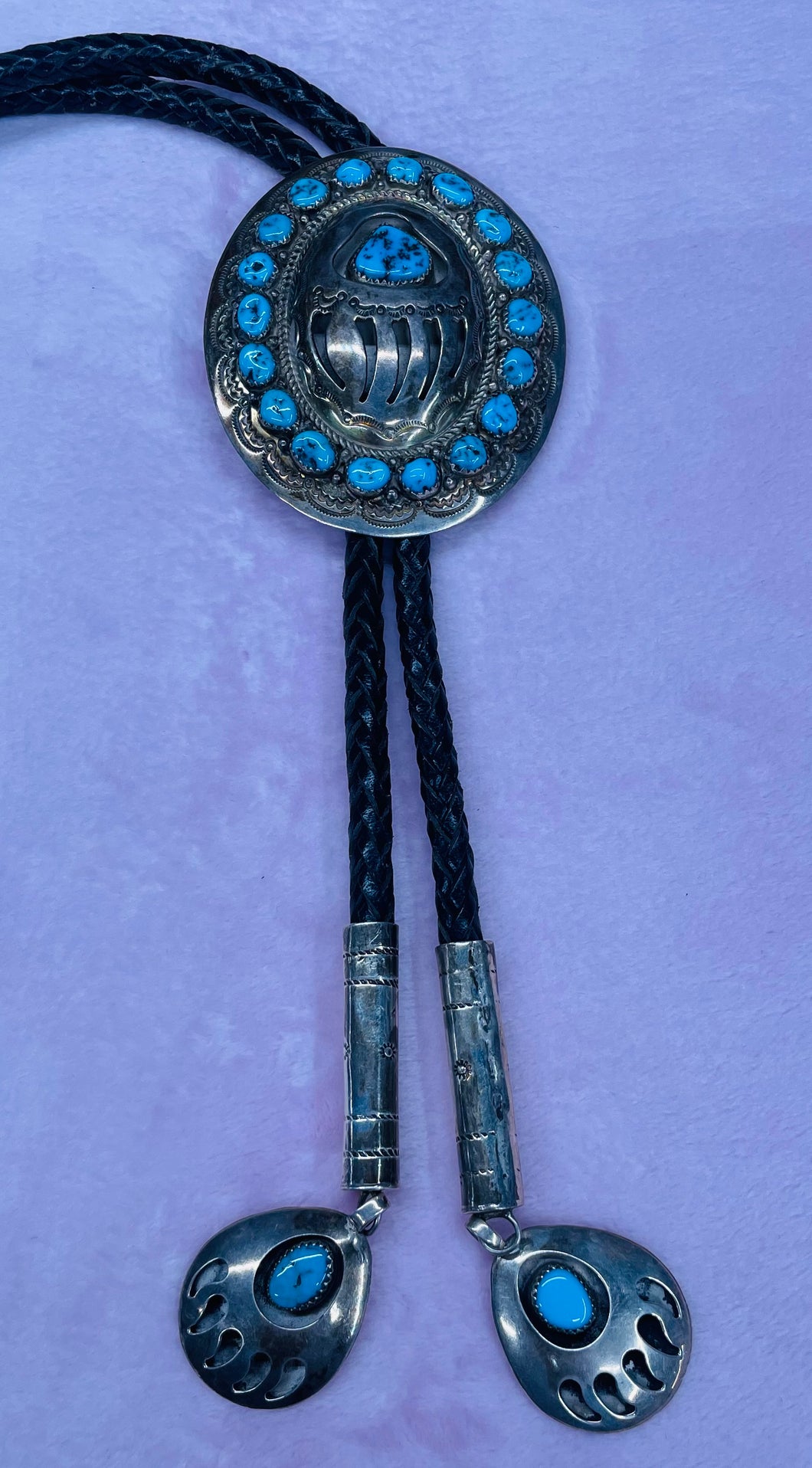 Silver Bear Claw with Turquoise Stones Bolo Tie with Silver Bear Claw Tips