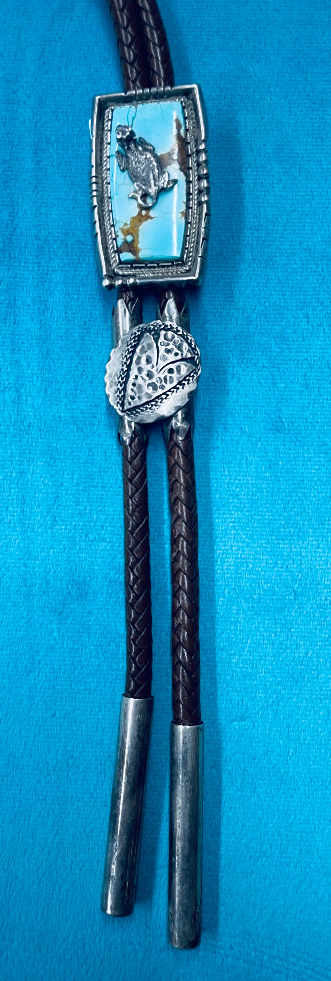 Silver Horned Toad on Turquoise Stone with Silver Tips Bolo Tie