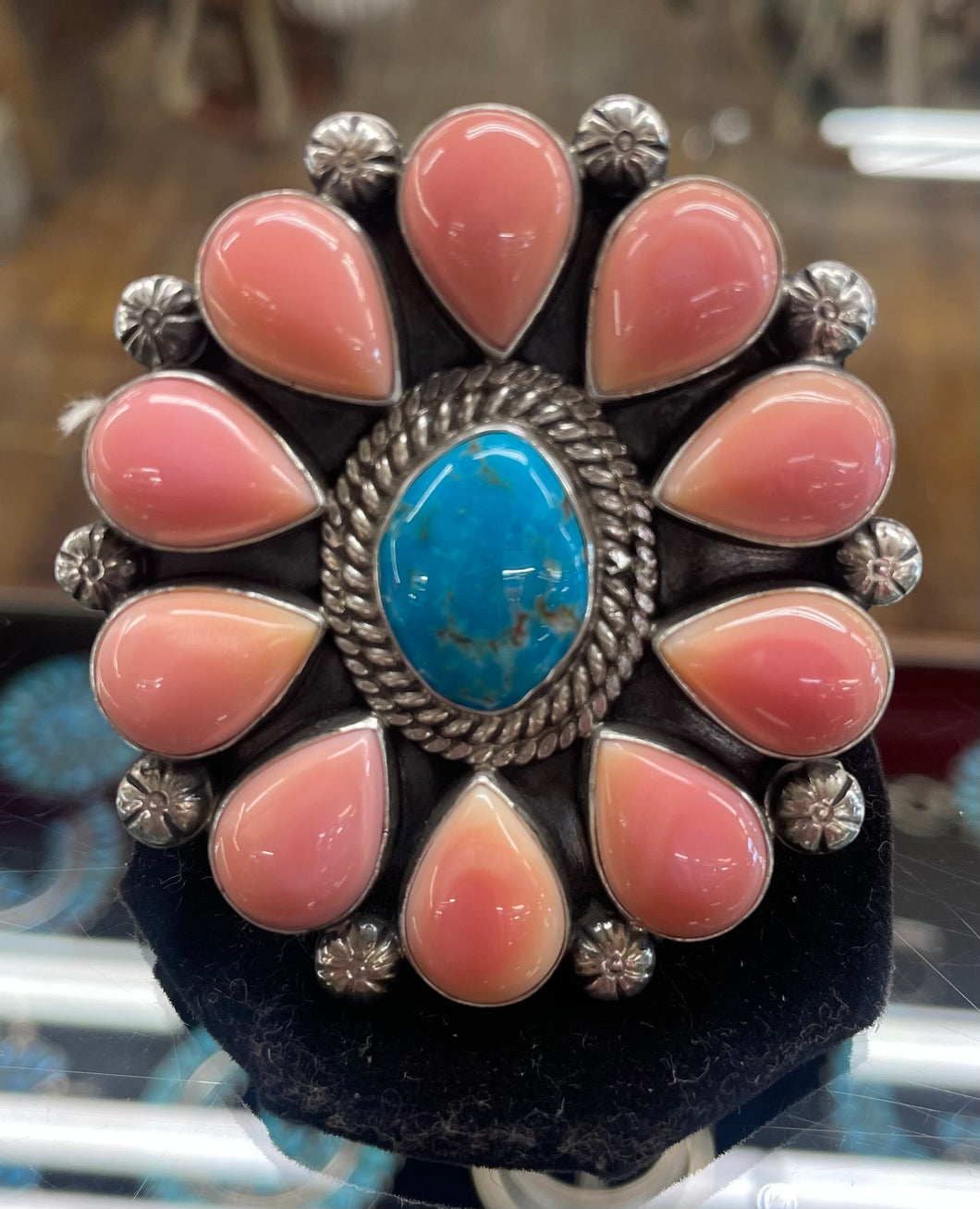 Pink Conch and Turquoise and Silver Ring