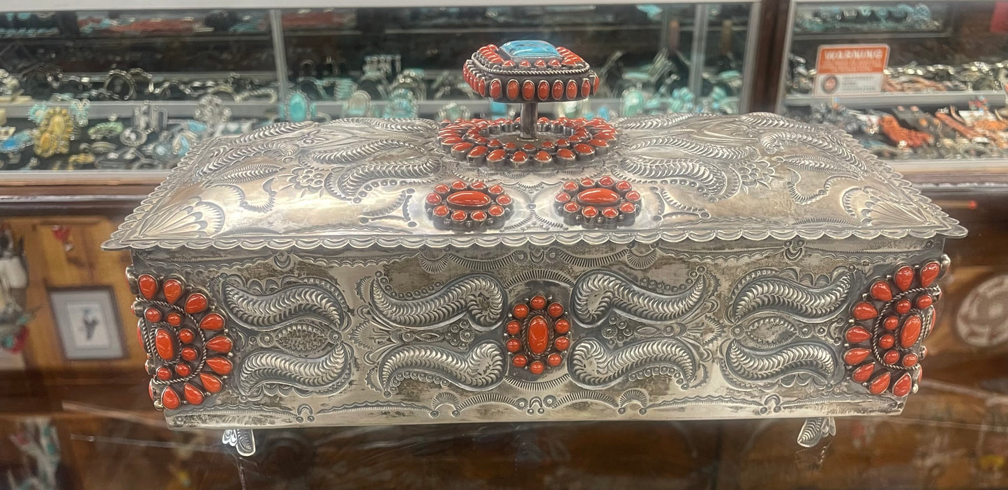 Large Silver and Coral Jewelry Box