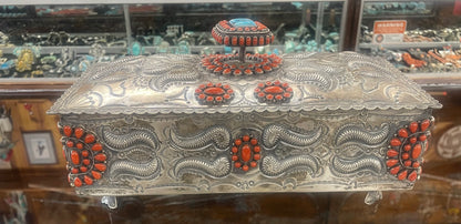 Large Silver and Coral Jewelry Box