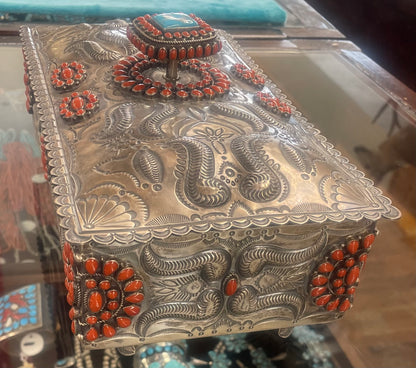 Large Silver and Coral Jewelry Box