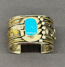 Load image into Gallery viewer, 12k Gold and Silver and Turquoise Cuff Story Teller Bracelet
