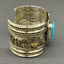 Load image into Gallery viewer, 12k Gold and Silver and Turquoise Cuff Story Teller Bracelet
