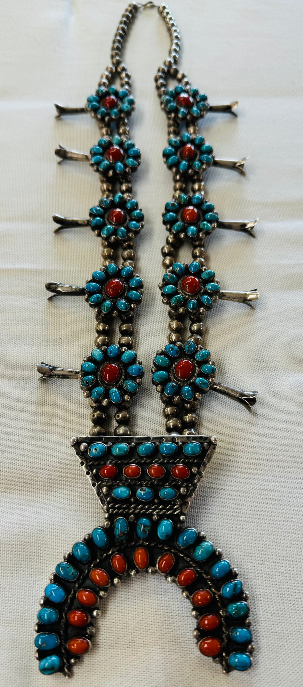 Turquoise and Coral Squash Blossom Necklace