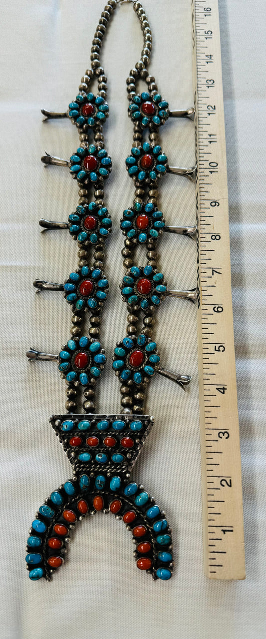 Turquoise and Coral Squash Blossom Necklace
