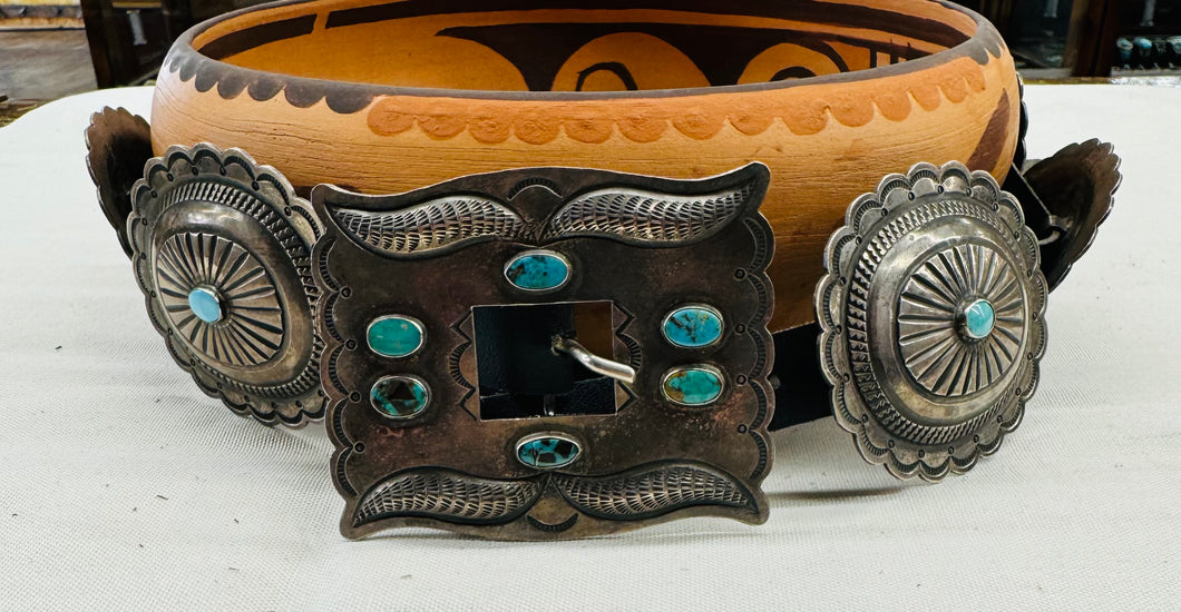 Silver Concho Belt with Turquoise Stones