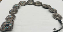 Load image into Gallery viewer, Silver Concho Belt with Turquoise Stones
