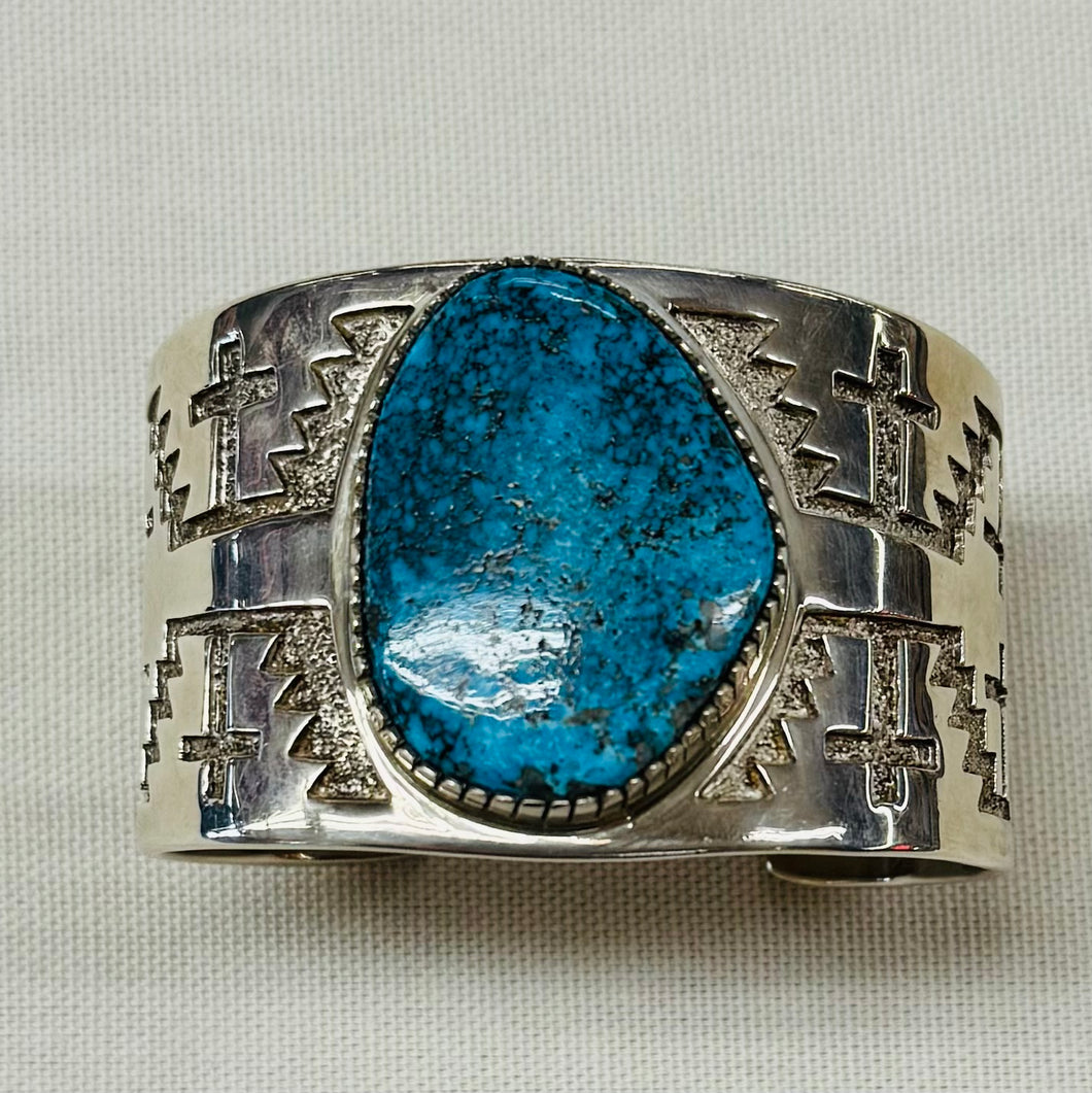 Silver Cuff Bracelet with Large Turquoise Stone