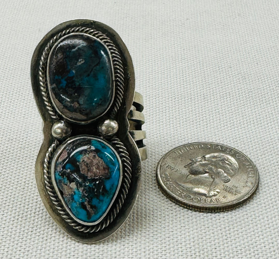 Double Turquoise Stone and Silver Ring