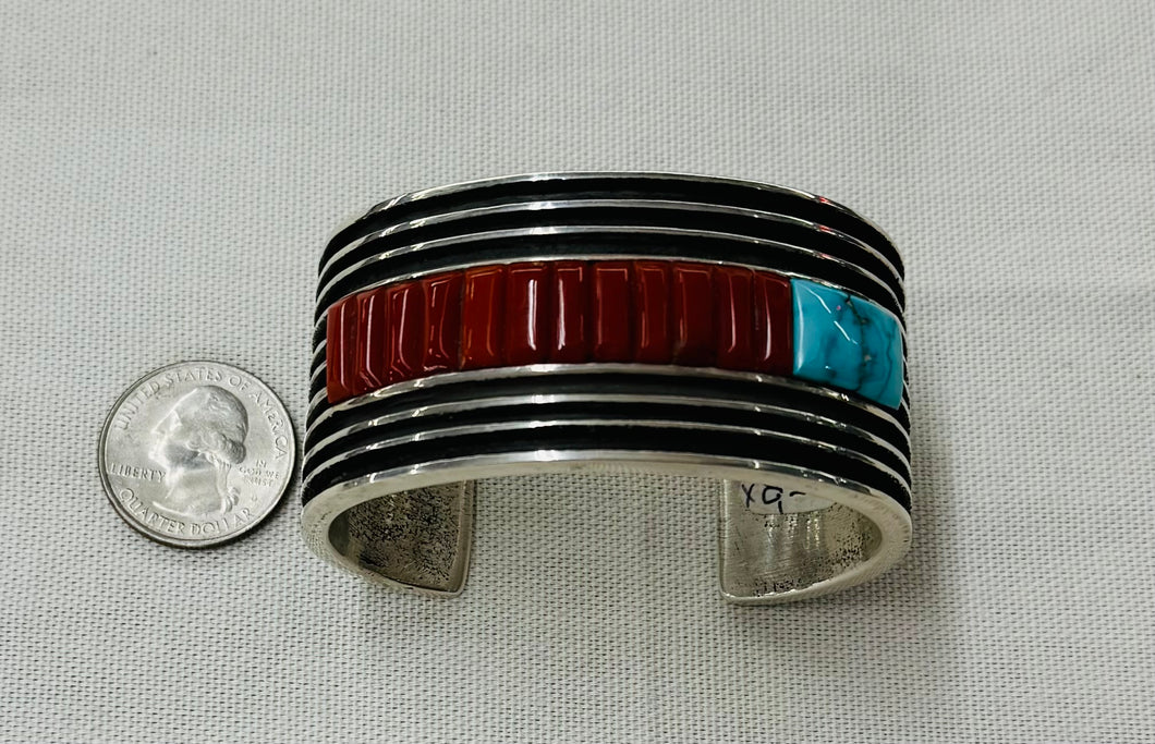 Silver Cuff Bracelet with Coral and Turquoise Stones