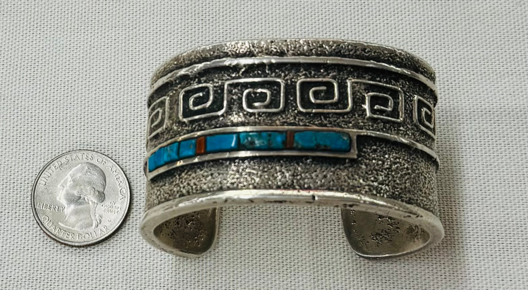 Silver Cuff Bracelet with Turquoise and Coral Stones