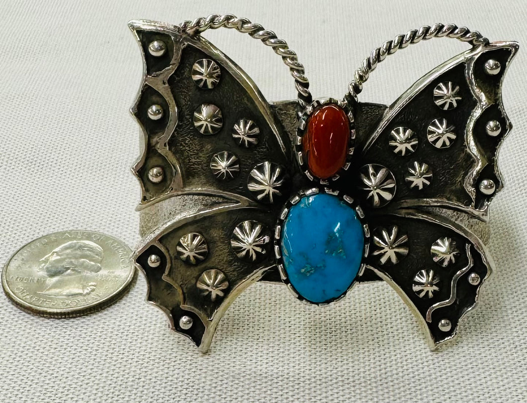 Silver with Coral and Turquoise Stone Butterfly Cuff Bracelet