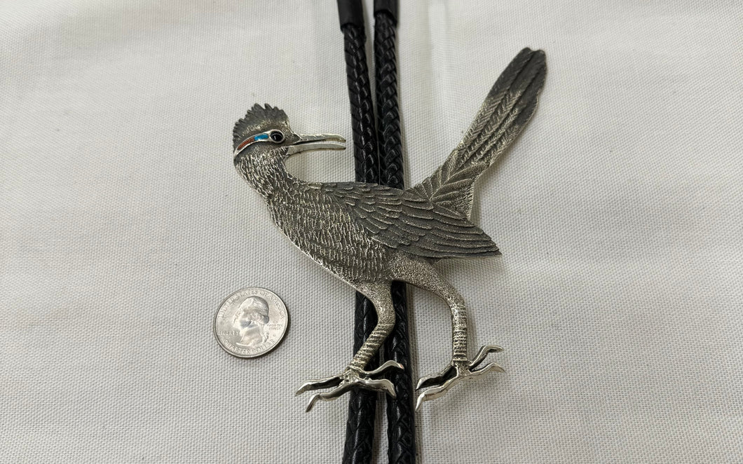 Silver Road Runner with Stone Eyes Bolo Tie with Silver Tips