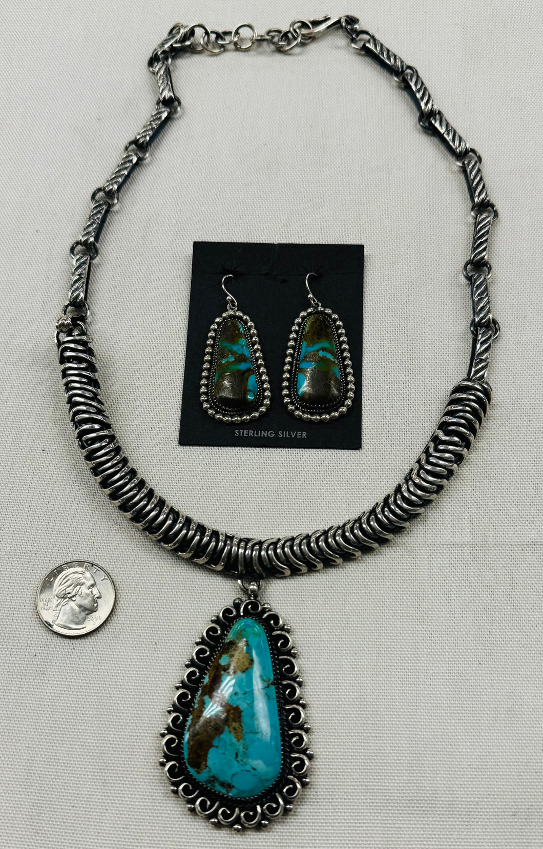 Turquoise and Silver Necklace with Pendant and Earrings Set