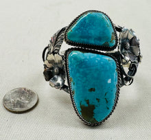 Load image into Gallery viewer, Two Turquoise Stones with Silver Flowers Bracelet
