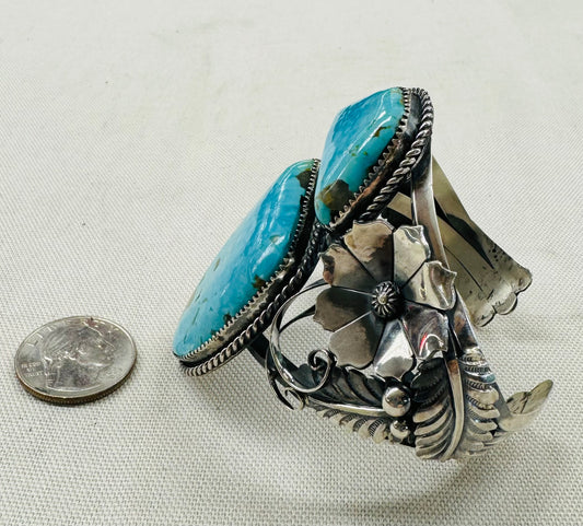Two Turquoise Stones with Silver Flowers Bracelet