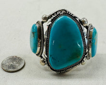 Load image into Gallery viewer, Three Turquoise Stones and Silver Bracelet
