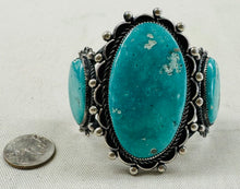 Load image into Gallery viewer, Three Round Turquoise Stones and Silver Bracelet
