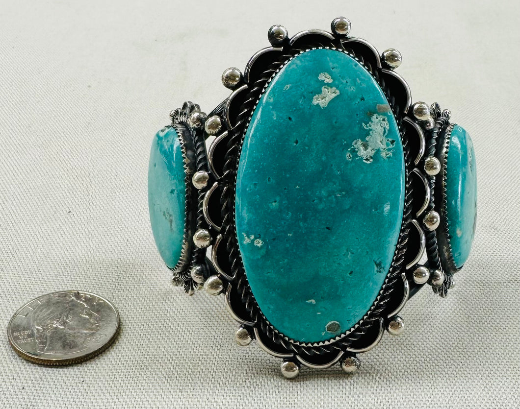 Three Round Turquoise Stones and Silver Bracelet