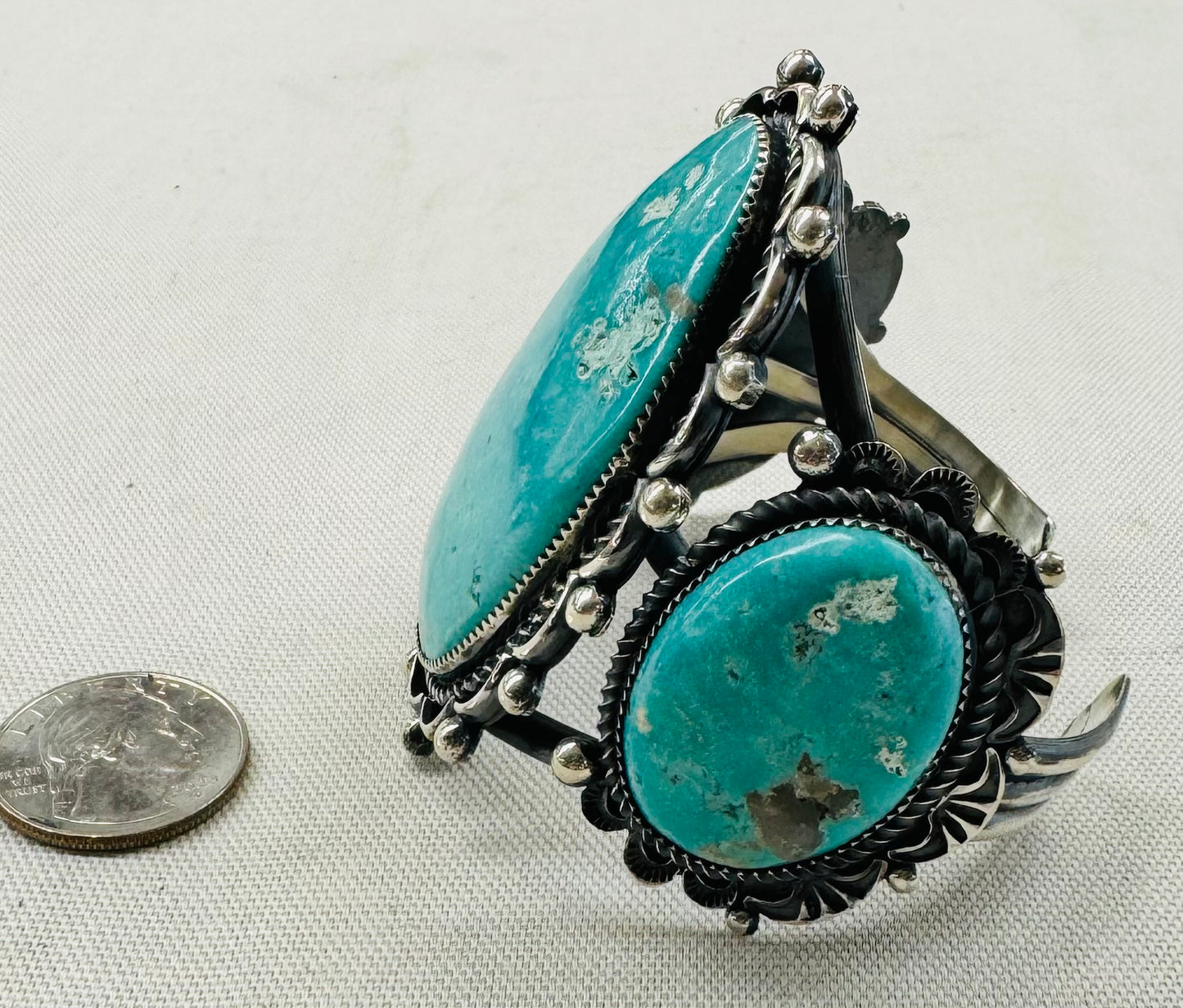 Three Round Turquoise Stones and Silver Bracelet