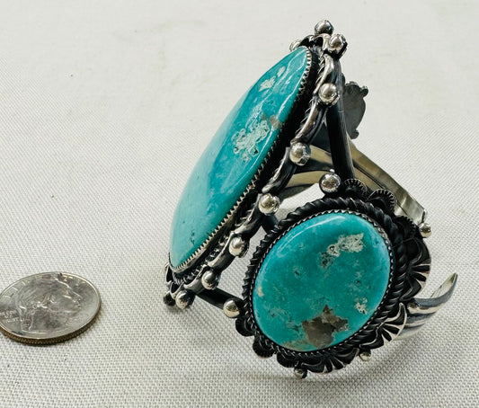 Three Round Turquoise Stones and Silver Bracelet