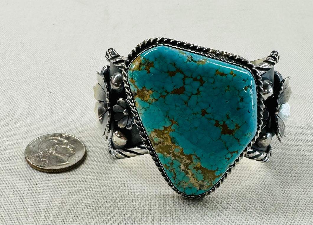 Turquoise Stone and Silver Flowers Bracelet