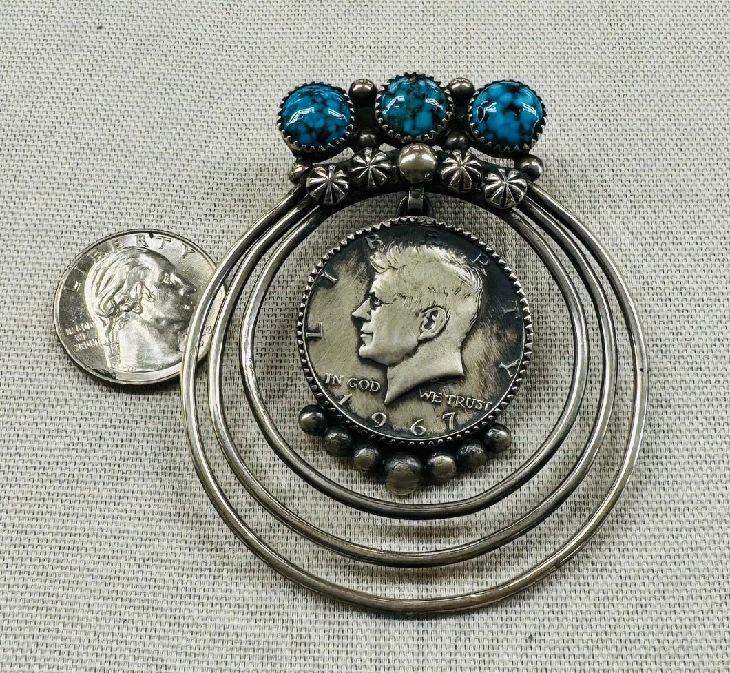 Kennedy Half Dollar Coin with Silver and Turquoise Pendant