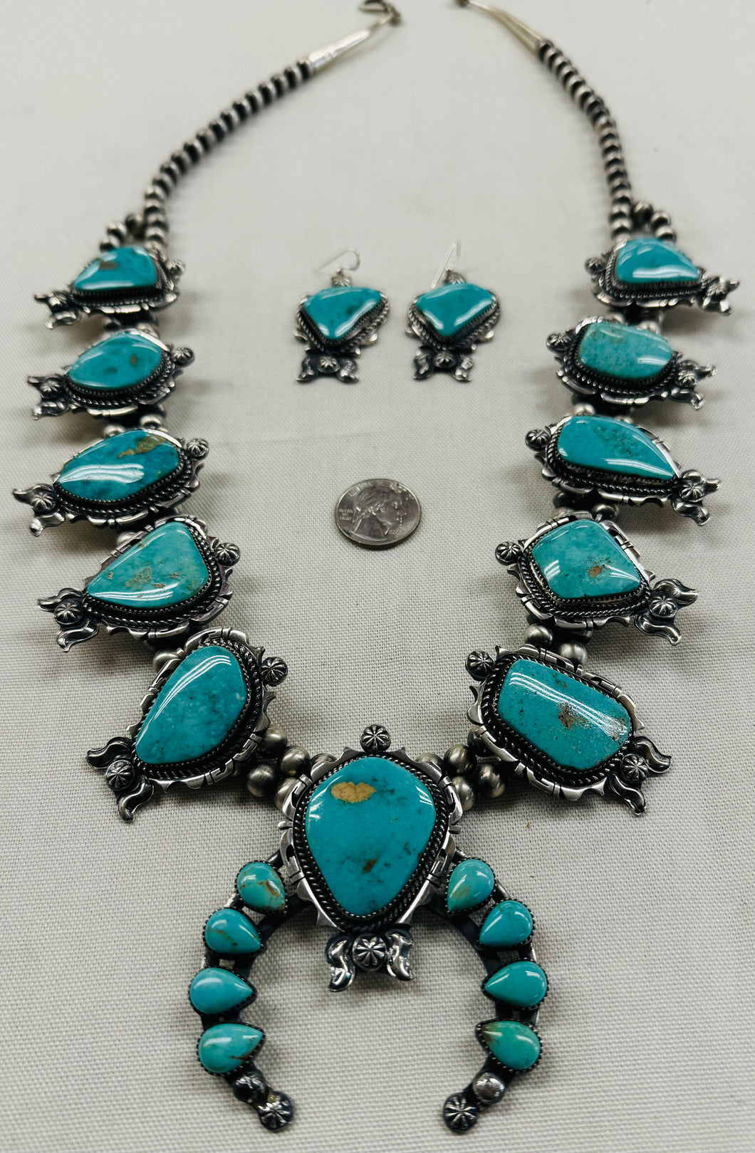 Kingman Turquoise Squash Blossom Necklace with Matching Earrings