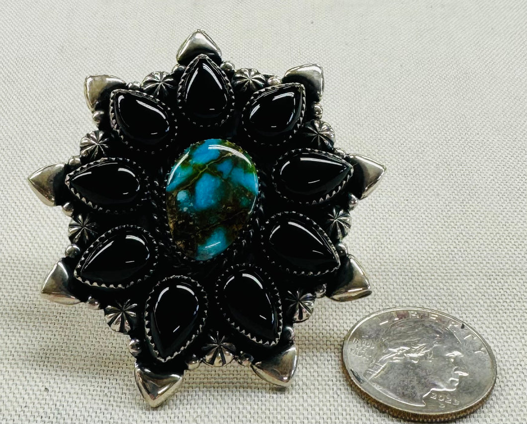 Jet Stones with Turquoise Stone Flower Adjustable Ring