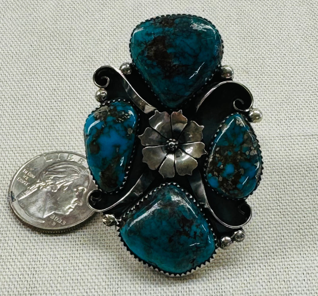 Silver Flower with Four Turquoise Stones Ring