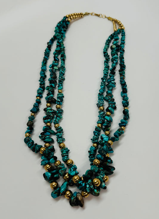 Three Strands of Turquoise Beads with 14k Gold beads Necklace