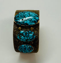 Load image into Gallery viewer, 14k Gold Cuff Story Teller Bracelet with Three Turquoise Stones.
