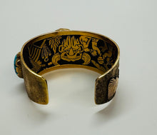 Load image into Gallery viewer, 14k Gold Cuff Story Teller Bracelet with Three Turquoise Stones.
