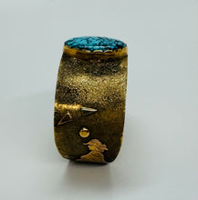 Load image into Gallery viewer, 14k Gold Cuff Story Teller Bracelet with Three Turquoise Stones.
