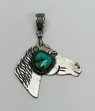 Load image into Gallery viewer, Sand Cast Silver and Turquoise Horse Pendant
