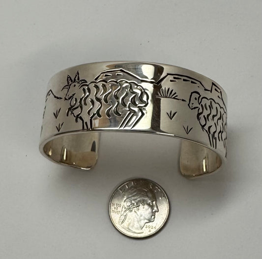 Silver Cuff Bracelet with Sheep Design