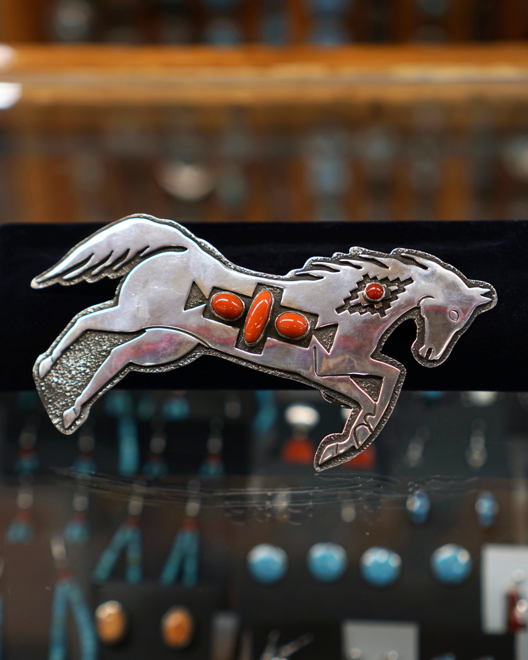 Silver Horse Buckle with Coral Stones