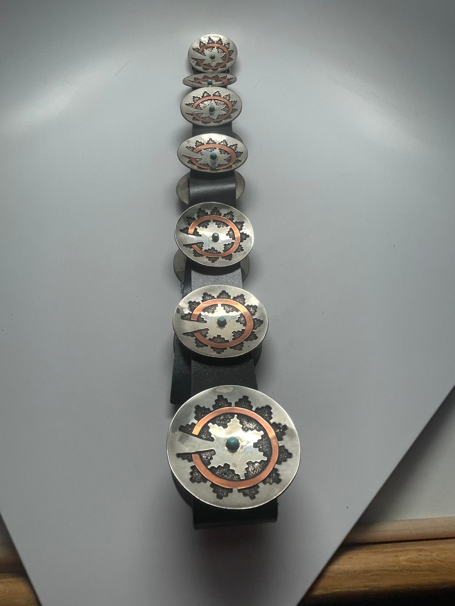 Sterling Silver and Copper with Turquoise Stone Concho Belt